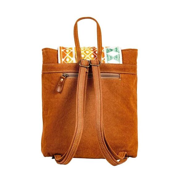 Myra Bag Handmade Chenoa Backpack Upcycled Canvas & Cowhide Leather - Picture 2 of 12